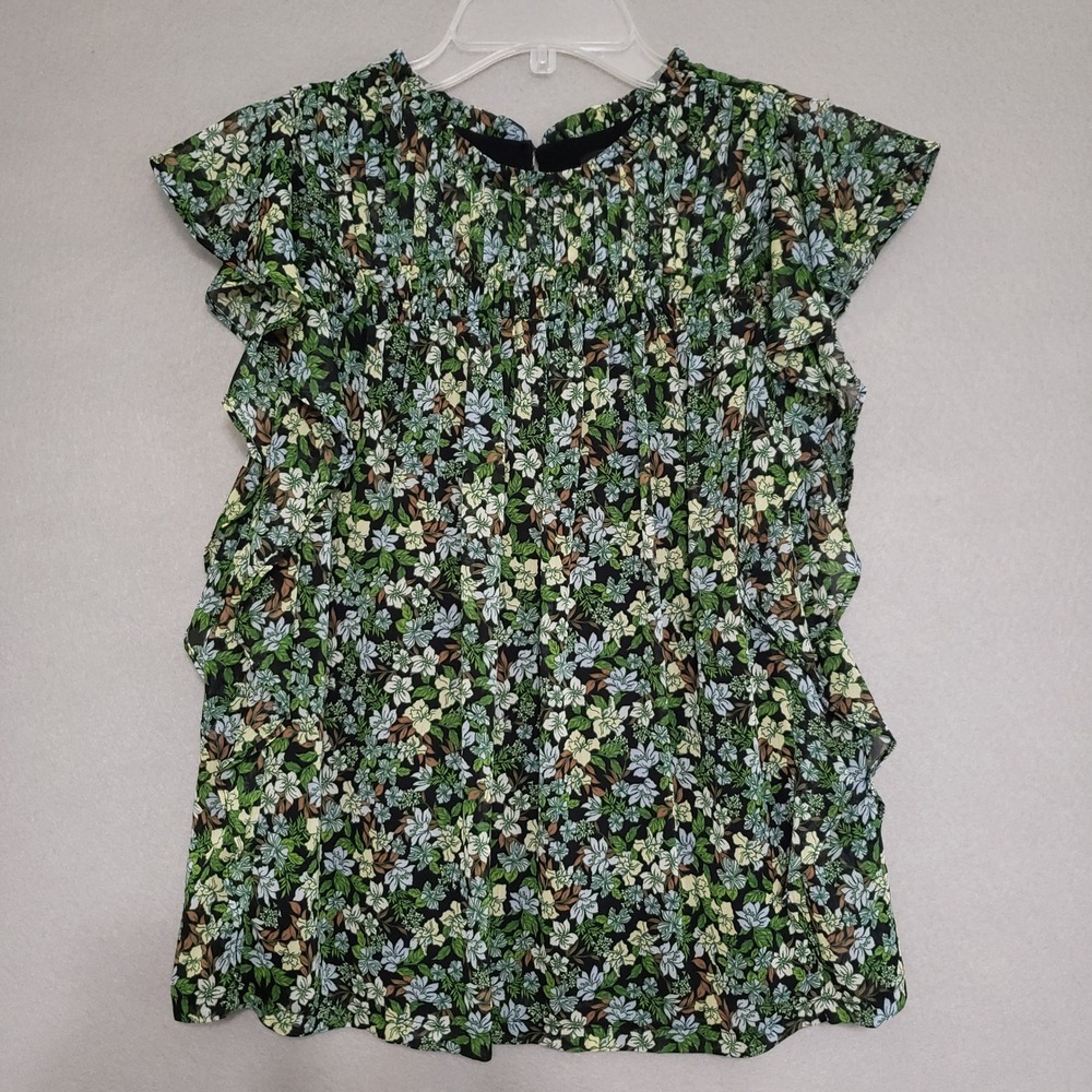 Ann Taylor Factory S Blouse Black Green Floral Smocked Ruffle Top Cottagecore